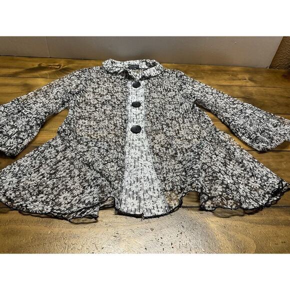 Damee Inc Sheer Jacket Shirt Blouse Floral Black White Wired Collar - Picture 13 of 16